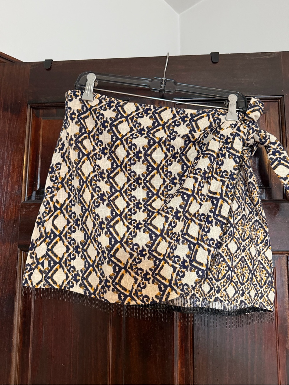 Zara Navy, Cream and Yellow Geometric Tie-Waist Mini Skirt